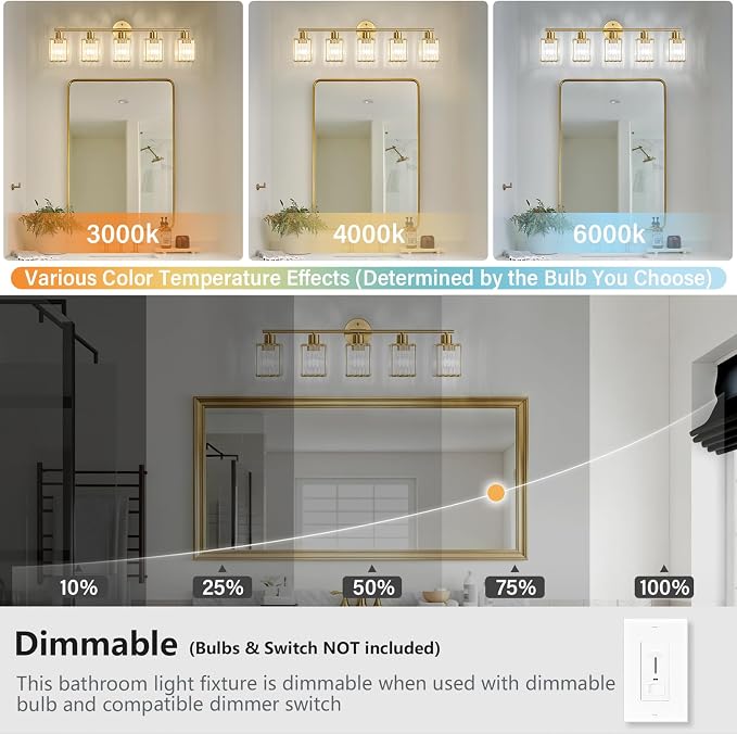 5 Light Bathroom Light Fixtures, Modern Crystal Vanity Lights over Mirror | Metal Frame, Bathroom Light with Square Crystal Shade, ETL Certified, E26 Ceramic Socket, Bulbs Not Included