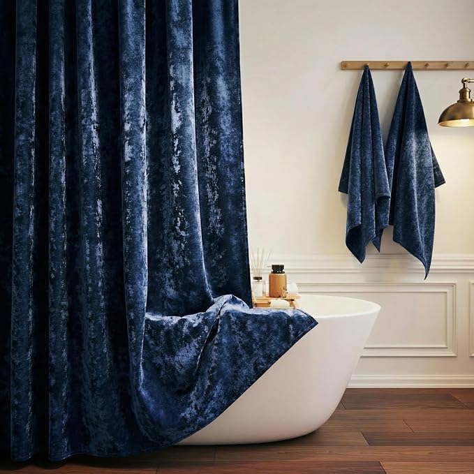TAMGHO Crushed Velvet Shower Curtain, Navy Blue Shower Curtain Set with 12pc Polished Nickel Hooks, Machine Washable, Waterproof Lined Bathroom Curtain 72x72