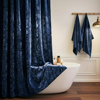 TAMGHO Crushed Velvet Shower Curtain, Navy Blue Shower Curtain Set with 12pc Polished Nickel Hooks, Machine Washable, Waterproof Lined Bathroom Curtain 72x72