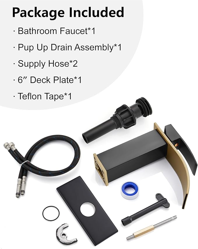 Midanya Bathroom Faucet with Waterfall Spout, Single Hole or 3-Hole Deck Mount, 304 Stainless Steel Sink Faucet with Pop-Up Drain, RV Vanity Compatible,Brushed Gold Spout/Matte Black