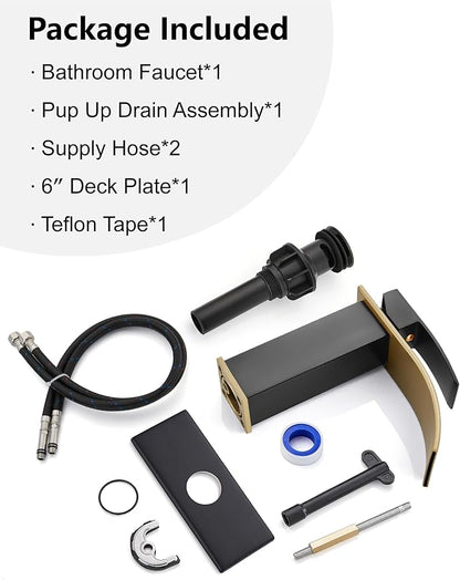 Midanya Bathroom Faucet with Waterfall Spout, Single Hole or 3-Hole Deck Mount, 304 Stainless Steel Sink Faucet with Pop-Up Drain, RV Vanity Compatible,Brushed Gold Spout/Matte Black