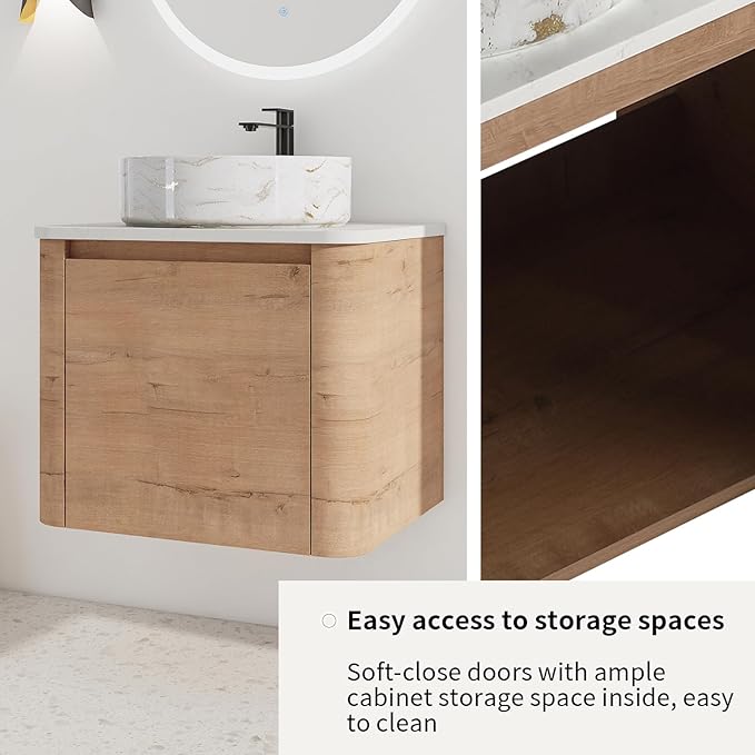 LKTART 24 Inch Floating Bathroom Vanity with Sink, Modern Wall Mounted Bathroom with Soft Close Door, White Stone Round Ceramic Basin and Sintered Stone Top