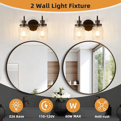 2 Lights Bathroom Vanity Light, Oil Rubbed Bronze Bathroom Light Fixtures with Hammered Glass Lampshade for Dressing Table,Over Mirror,Hallway