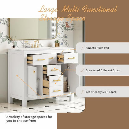 36 Inch White Bathroon Vanity with Sink,Modern Bathroom Sink Cabinet 36" with 4 Drawers & 2 Cabinets,Integrated Countertop,Gold Handles,Soft Closing,Solid Wood Frame