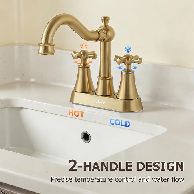 4-inch Centerset Brushed Gold Classical Bathroom Faucet, 2 Handles for 2 or 3 Hole Sink with 360° Swivel Spout, Pop Up Drain Assembly and Supply Hose for Vanity Sink Lavatory Faucet