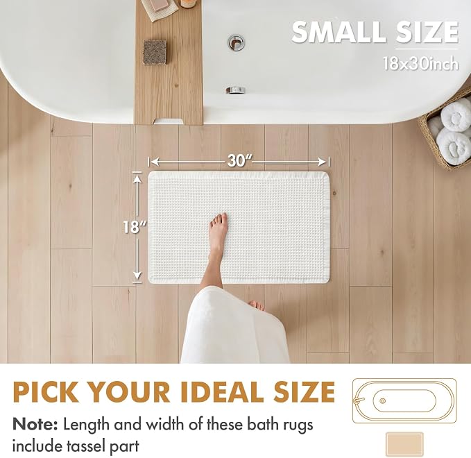 MIULEE Set of 2 Waffle Bathroom Rugs Boho Bath Mat White 18x30 Inch | Non Slip, Super Absorbent, Washable, Ultra Soft, Rubber Backed Bath Rugs for Bathroom Floor Tub Shower