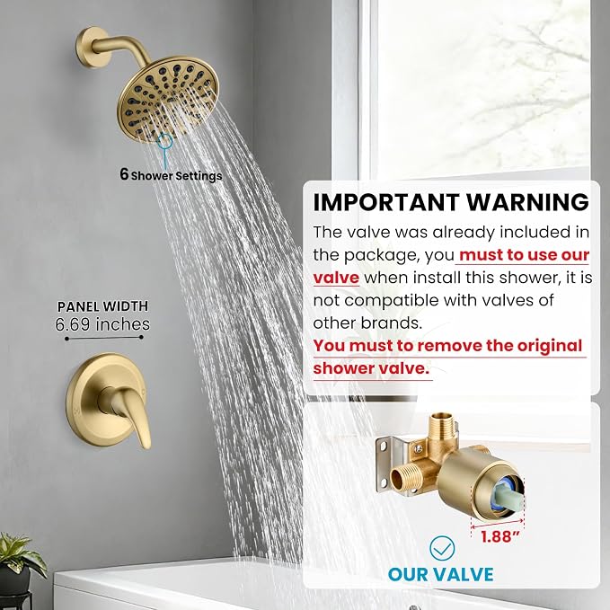 gotonovo Shower Faucet Set with Valve 6 Mode Rain Head Brushed Gold | Bathroom Shower Head and Handle Set Complete Combo,6 Mode Multi 6’’ ABS Rainfall Showerhead,Brass Valve Trim Kit,Wall Mount