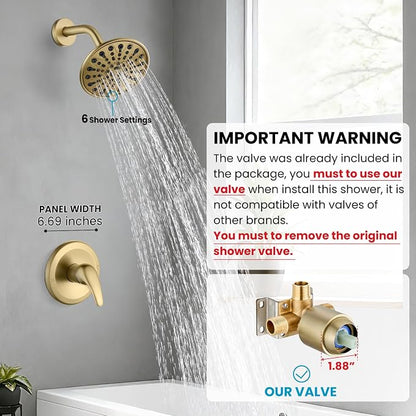 gotonovo Shower Faucet Set with Valve 6 Mode Rain Head Brushed Gold | Bathroom Shower Head and Handle Set Complete Combo,6 Mode Multi 6’’ ABS Rainfall Showerhead,Brass Valve Trim Kit,Wall Mount
