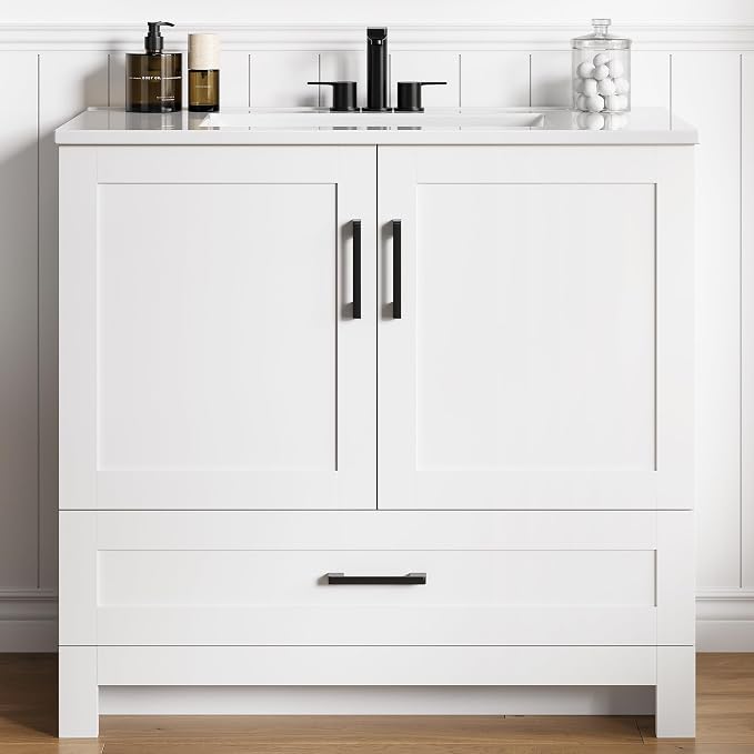 LIKIMIO 36" Bathroom Vanity with Sink, 1 Soft-Close Drawer & 2 Doors, White | Freestanding Bathroom Vanity, Integrated Ceramic Sink, Modern Bathroom Storage Cabinet, Easy Assembly