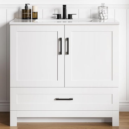 LIKIMIO 36" Bathroom Vanity with Sink, 1 Soft-Close Drawer & 2 Doors, White | Freestanding Bathroom Vanity, Integrated Ceramic Sink, Modern Bathroom Storage Cabinet, Easy Assembly