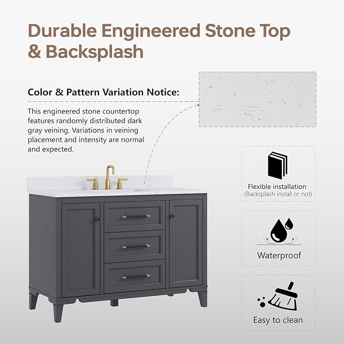 48 Inch Bathroom Vanity with Sink, Fully Assembled, Deep Grey | Solid wood vanity with engineered stone countertop and backsplash, Soft-close doors, 3 dovetail drawers, Ceramic Sink