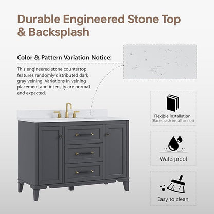 48 Inch Bathroom Vanity with Sink, Fully Assembled, Deep Grey | Solid wood vanity with engineered stone countertop and backsplash, Soft-close doors, 3 dovetail drawers, Ceramic Sink
