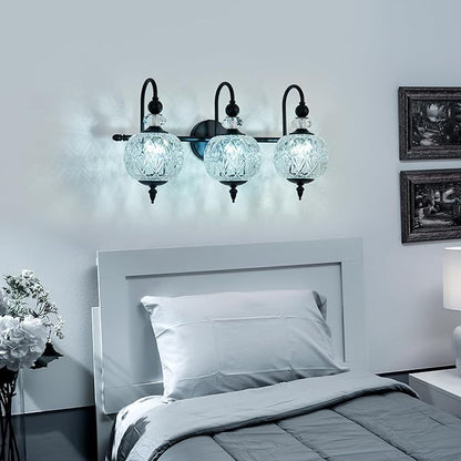 Vintage Bathroom Light Fixtures Black Vanity Light with Glass Globe LampShade 3 Lights Mid Century G9 Bulb Wall Sconce Indoor Vanity Light Over Mirror for Kitchen Bedroom Farmhouse