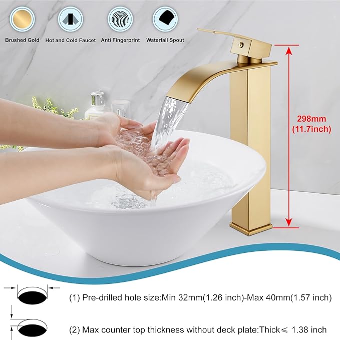 Midanya Waterfall Spout Bathroom Faucet Single Handle 1 Hole Bathroom Sink Faucet,Modern RV Lavatory Vanity Basin Tap with Water Hose,No Drain,Tall Body,Brushed Gold