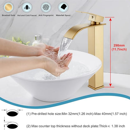 Midanya Waterfall Spout Bathroom Faucet Single Handle 1 Hole Bathroom Sink Faucet,Modern RV Lavatory Vanity Basin Tap with Water Hose,No Drain,Tall Body,Brushed Gold