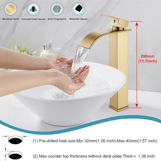 Midanya Waterfall Spout Bathroom Faucet Single Handle 1 Hole Bathroom Sink Faucet,Modern RV Lavatory Vanity Basin Tap with Water Hose,No Drain,Tall Body,Brushed Gold