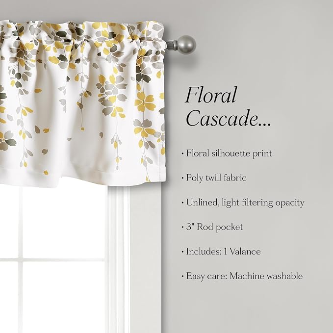 Lush Decor Weeping Flower Light Filtering Valance, 52" W x 18" L + 2" Header, Yellow & Gray - Floral Curtains - Valance Curtains - Bathroom & Kitchen Valances For Windows - Cottage & Farmhouse Decor