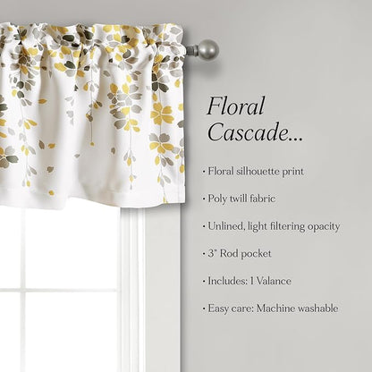 Lush Decor Weeping Flower Light Filtering Valance, 52" W x 18" L + 2" Header, Yellow & Gray - Floral Curtains - Valance Curtains - Bathroom & Kitchen Valances For Windows - Cottage & Farmhouse Decor