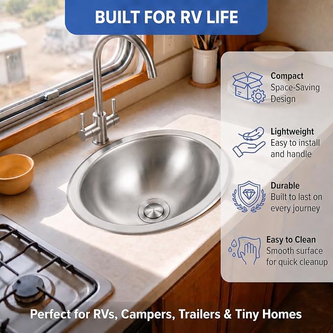 LQS Small RV Sink, 13.39 x 10.63 Inch Stainless Steel RV Bathroom Sink | Oval Small Sink for RV Bathrooms, Camper Kitchens and Bars, 5.12-Inch Depth with Stainless Steel Drain Assembly Included