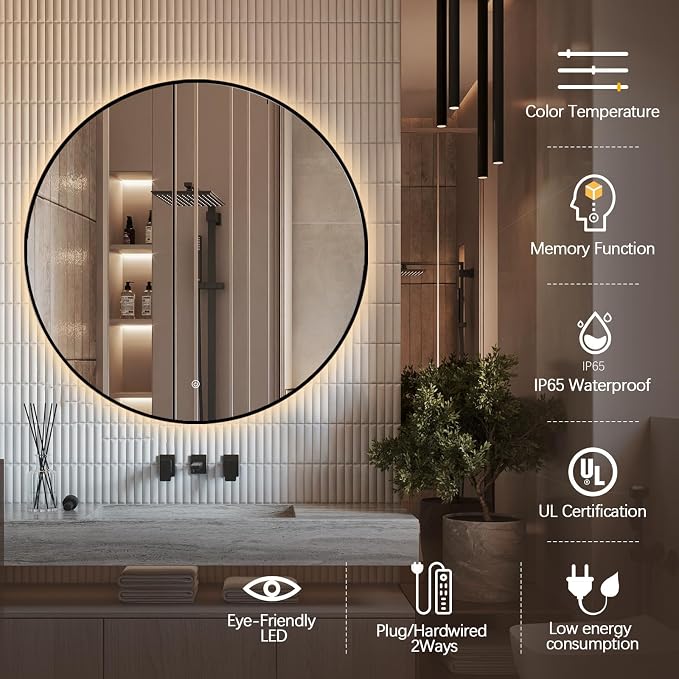 Niccy Round LED Bathroom Mirrors, Black Framed Backlit Vanity Mirror, 24" | LED Smart Circle Mirror with 3 Color Lighting, Anti-Fog Lighted, IP65 Waterproof, Wall Mounted Bathroom Vanity