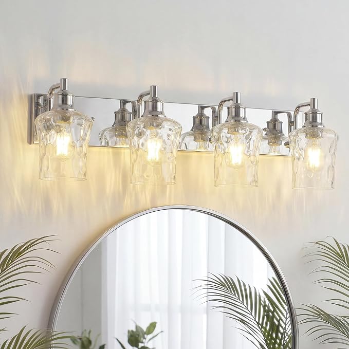 Bathroom Light Fixtures Farmhouse Chrome Vanity Lights for Bathroom Lighting Fixtures Over Mirror with Hammered Glass Lampshade for Cabinet Mirror Bedroom Hallway 4 Light