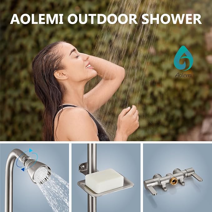 Aolemi Outdoor Shower Kit, Upward-Facing Inlets, Brushed Nickel | 3-Inch Center Hot And Cold Mixer Valve, Dual Handles, with Soap Dish For Convenient Outdoor Shower Use