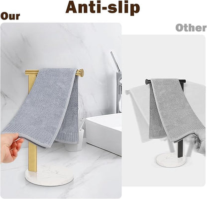 Hand Towel Holder Stand for Bathroom, L- Shaped Standing Hand Towel Rack, Towel Bar Kitchen Vanity Countertop Organizer, SUS304 Stainless Steel Material (Marble Base, Gold)