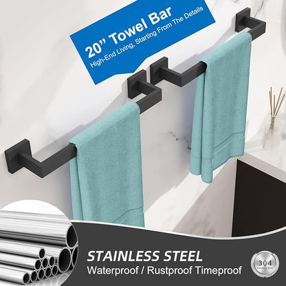 Towel Bar 2 Pack for Bathroom 20 Inch Matte Black Towel Holder 12/16/20/24/28/32/36 Inch Stainless Steel SUS304 Rustproof Towel Rack Modern Square Towel Rod for Bathroom Wall (2, Matte Black, 20 Inch)