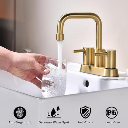 Brushed Gold 4 Inch Centerset Bathroom Faucet 2 or 3 Hole | Stainless Steel 2 Handle Gold Bathroom Sink Faucet for Bathroom, Restroom, Vanity, Rv