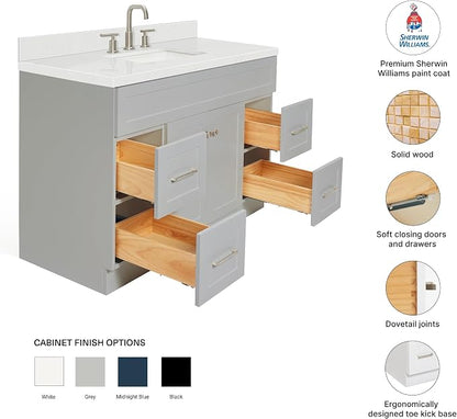 DKB Bradford 48-Inch Bathroom Vanity with Sink — Grey Single Sink Bathroom Vanity, 1.5" Edge Carrara White Quartz Countertop, Solid Wood, 2 Soft-Close Doors, 4 Full Extension Dovetail Drawers