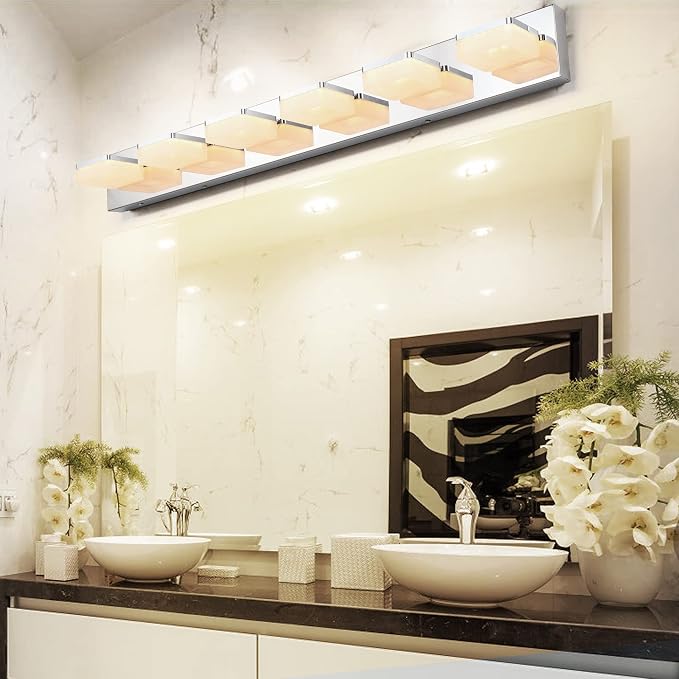 GOODATE 3 Colors Dimmable Bathroom Light Fixtures Over Mirror, LED Chrome Vanity Lights, Acrylic Stainless Steel 6 Light Bathroom Vanity Light, Adjustable 3000K/4000K/6000K, 360° Rotate