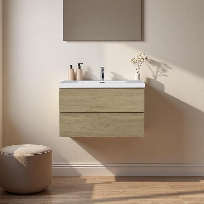 Floating Bathroom Vanity with Sink, 36" Wall-Mounted Bathroom Storage Cabinet with Resin Countertop & 2 Soft Close Drawers, Modern Stylish Vanity with Open Back Design, Easy to Clean, Oak