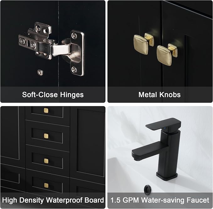 LUCKWIND 60" Bathroom Vanity and Sink Combos, Modern Bathroom Storage Painted Cabinet with Undercounter Resin Dual Sink Top, Matte Black Faucet and 6 Drawers, Mirror Not Included, Black