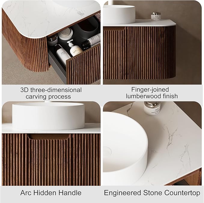 24" Modern Floating Bathroom Vanity with Sink, Wall-Mounted Cabinet with Ultra-Thin Ceramic Basin and Marble Top, Extra Large Storage Drawer, Soft-Close Design, Dark Walnut