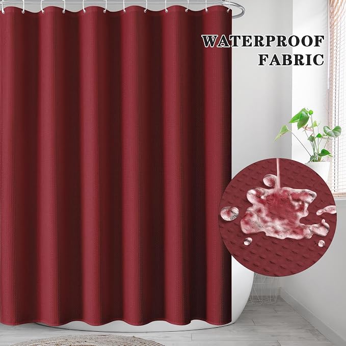 Shower Curtain Set, for Bathroom Decor 72" x 72", Burgundy Modern | Waffle Solid Textured Waffle Textured Cloth Waterproof Matching Window Shower Curtain 36 x 30 Inches