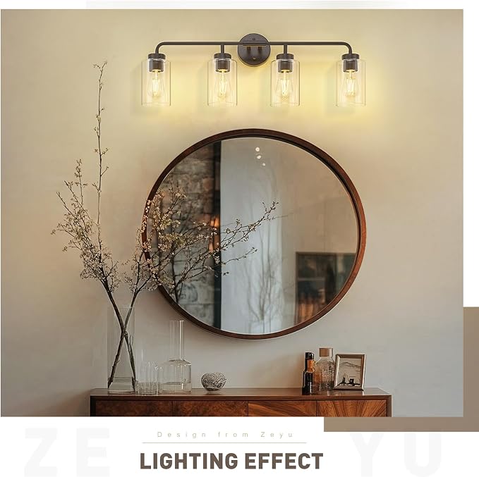 zeyu 30.6" 4-Light Bronze Bathroom Vanity Light, Clear Glass, ZS62B-4W ORB | Oil Rubbed Bronze Bathroom Light, 30.6-Inch 4-Light Design, Clear Glass Shades, Hardwired, Up/Down Mount, ETL Listed