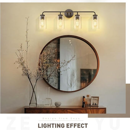 zeyu 30.6" 4-Light Bronze Bathroom Vanity Light, Clear Glass, ZS62B-4W ORB | Oil Rubbed Bronze Bathroom Light, 30.6-Inch 4-Light Design, Clear Glass Shades, Hardwired, Up/Down Mount, ETL Listed