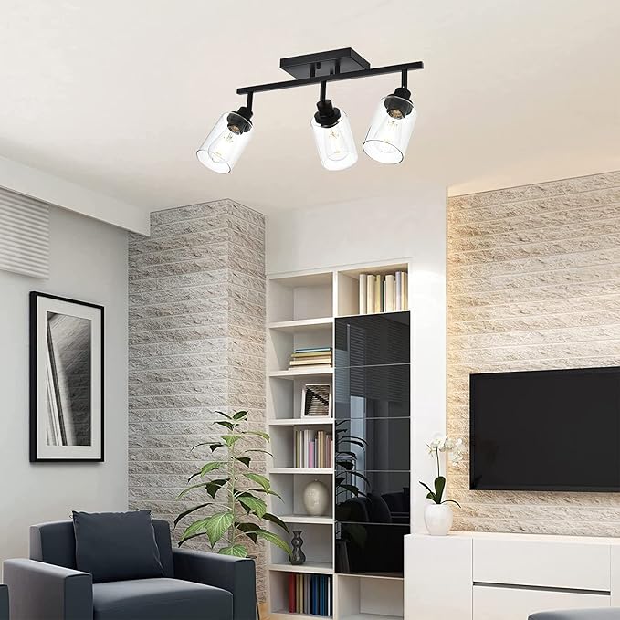MELUCEE 3 Light Bathroom Vanity Light Black Track Lighting Fixtures Ceiling, Vanity Lighting Fixtures with Rotatable Track Head for Hallway Porch Foyer Bath Storage, Clear Glass Shade