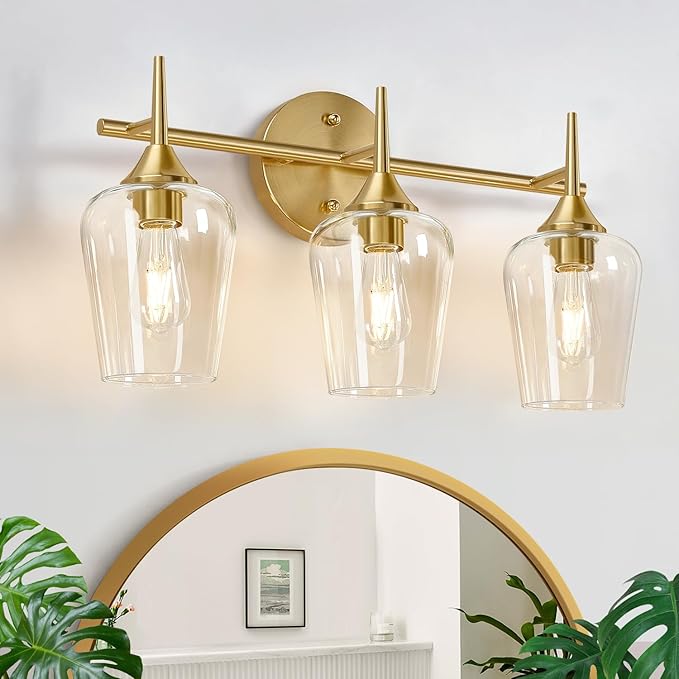 3-Light Bathroom Light Fixtures, 19.5 Inch Brushed Gold Vanity Lights with Wine-Glass Shape, Bathroom Lights Over Mirror, Modern Wall Lamps for Bedroom Living Room Hallway
