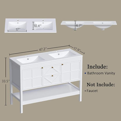 Bathroom Vanity with Double Sink Set, 48 Inch Pedestal Sink Storage Cabinet with 2 Drawers & 2 Doors, Mid-Century Modern Bathroom Vanity with Open Bottom Shelf, White