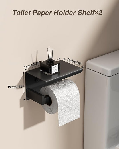 10-Piece Square Bathroom Hardware Set 24" Towel Bar X2, Toilet Paper Holders with Shelves X2, Towel Hooks X4, 2X Towel Rings X2 Bathroom Accessories (Matte Black-16inch)