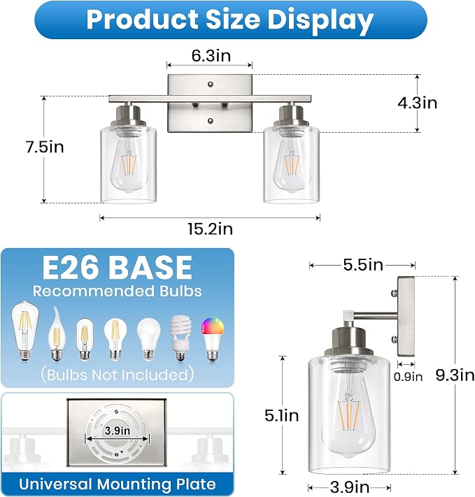 Ascher 2 Light Bathroom Light Fixture, Brushed Nickel Bathroom Lighting Fixtures Over Mirror, Vanity Light with Clear Glass Shade, Wall Sconce for Living Room Bedroom Cabinet, E26 Base