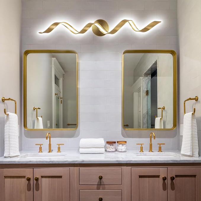 Dimmable Modern LED Bathroom Vanity Light 32 inch, 20W Spiral Design Gold Wall Light Fixtures for Bathroom, Living Room and Hallway, 6000K White Light