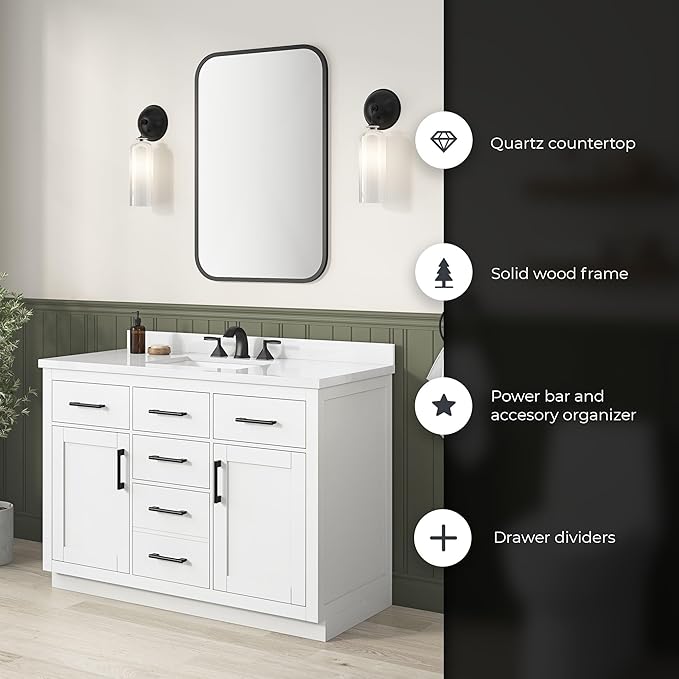 OVE Decors Bailey 48 in. Single Sink Freestanding White Bathroom Vanity with White Quartz Top, Matching Backsplash, Power Bar and Matte Black Hardware