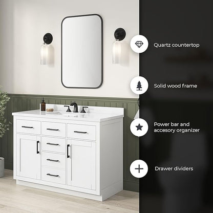 OVE Decors Bailey 48 in. Single Sink Freestanding White Bathroom Vanity with White Quartz Top, Matching Backsplash, Power Bar and Matte Black Hardware