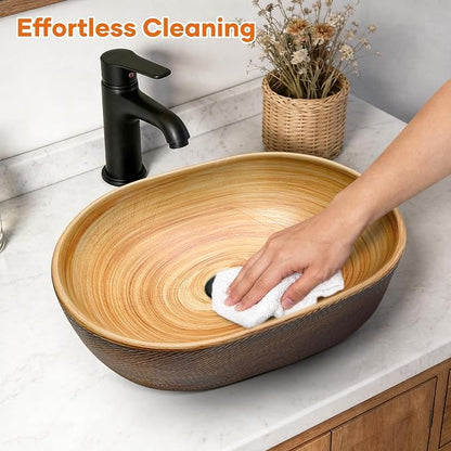 18.9" x 13.6'' Oval Vessel Sink, Retro Brown Ceramic Counter Sink | Hand-Colored Retro Brown Finish, Durable Ceramic, Oval Deep Basin, Above Counter Mount, Smooth Glaze For Easy Daily Cleaning