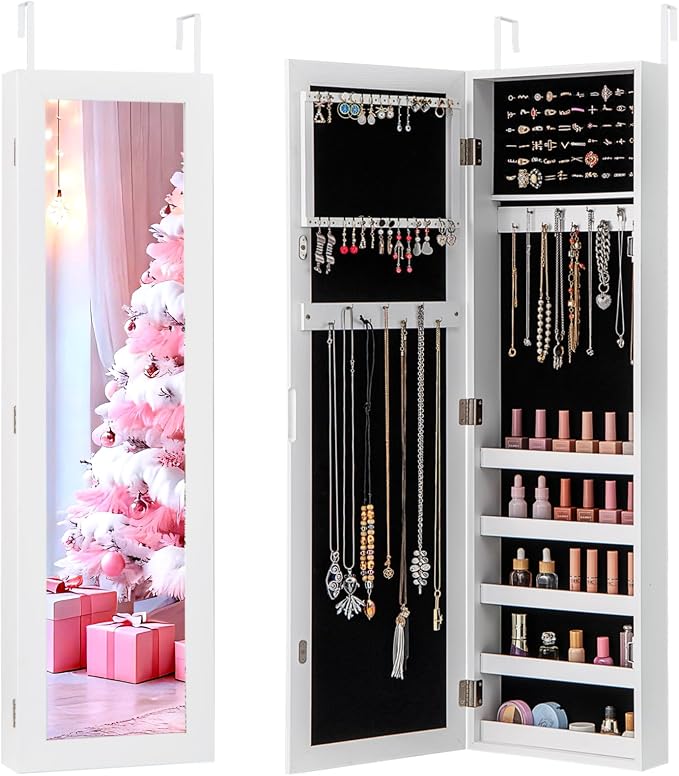 NAFORT Jewelry Armoire with Full-length Mirror,Wall Mounted Jewelry Organizer Cabinet with Make-up mirror, Height Adjustable Hanging jewelry storage mirror, Jewelry Holder, White