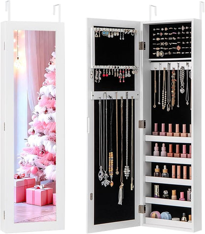 NAFORT Jewelry Armoire with Full-length Mirror,Wall Mounted Jewelry Organizer Cabinet with Make-up mirror, Height Adjustable Hanging jewelry storage mirror, Jewelry Holder, White