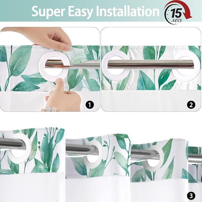 No Hook Shower Curtain and Liner Set, Teal Eucalyptus 71x84 | Floral Design, with Snap in Liner, See-Through Top Window, Waterproof, Machine Washable, Quick-Drying, for Hotel Bathroom