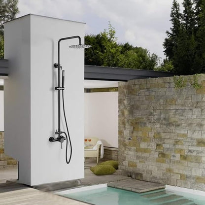 RBROHANT Outdoor Shower, Wall Mount Outdoor Shower Kit, Outside Shower Faucet with Height Adjustable Rain Shower Head and Handheld, Exposed Shower System for Yard, Wall Mounted, Matte Black, JK0145